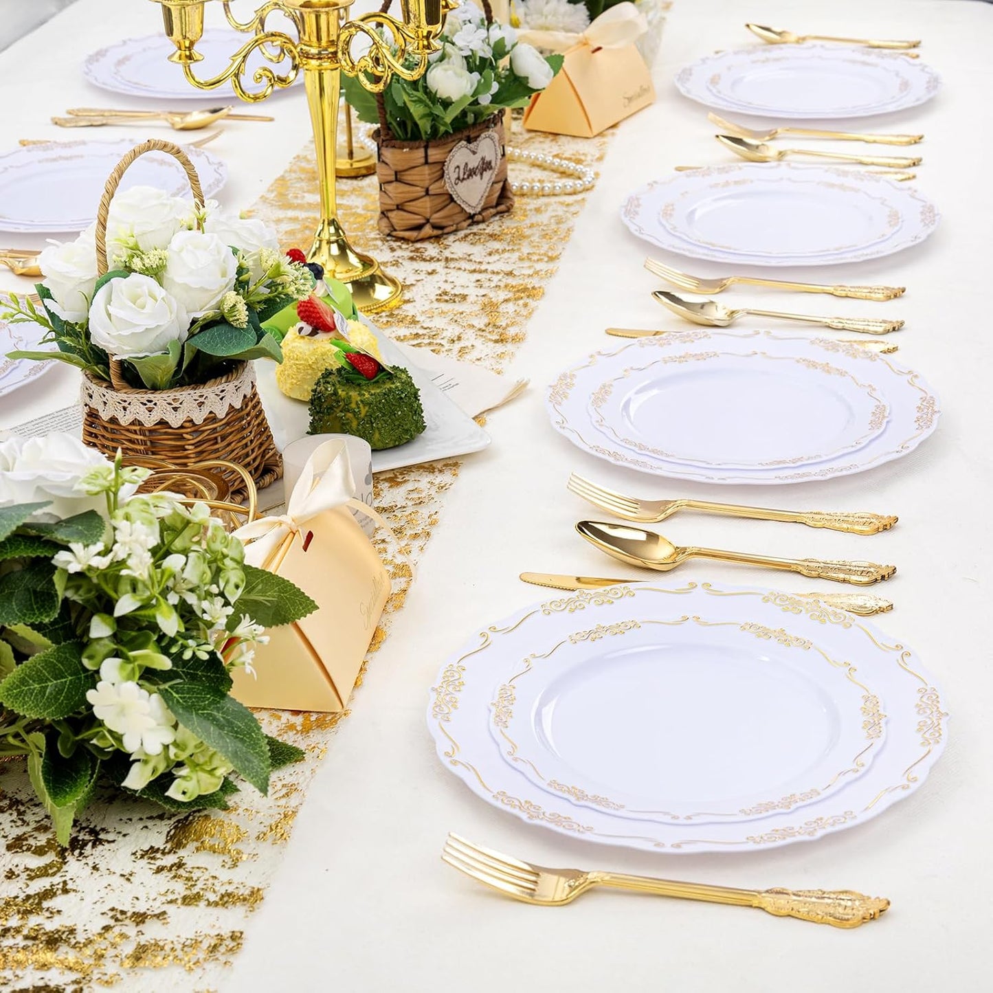 DaYammi 60PCS White and Gold Plastic Plates, Thanksgiving Plates Disposable Heavy Duty Disposable Platos Premium 10inch White Dinner Platos Hard Plastic Plate for Party Wedding Bridal Shower