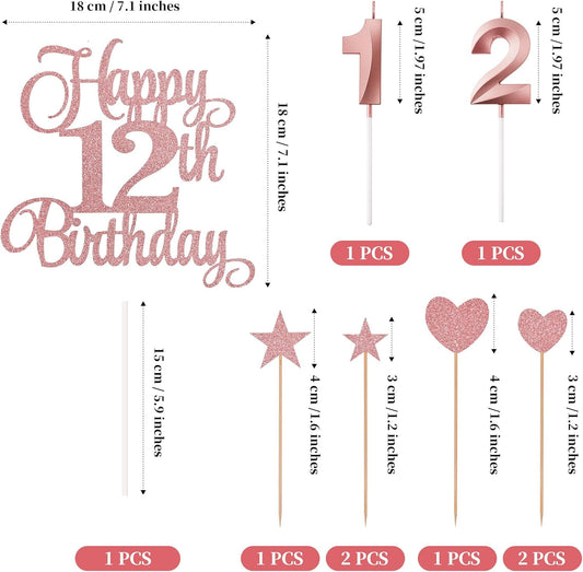 12th Birthday Cake Decorations, 12th Birthday Candles Cake Numeral Candles and Glitter Happy 12th Birthday Cake Toppers Set for Birthday Party Supplies (Rose Gold)
