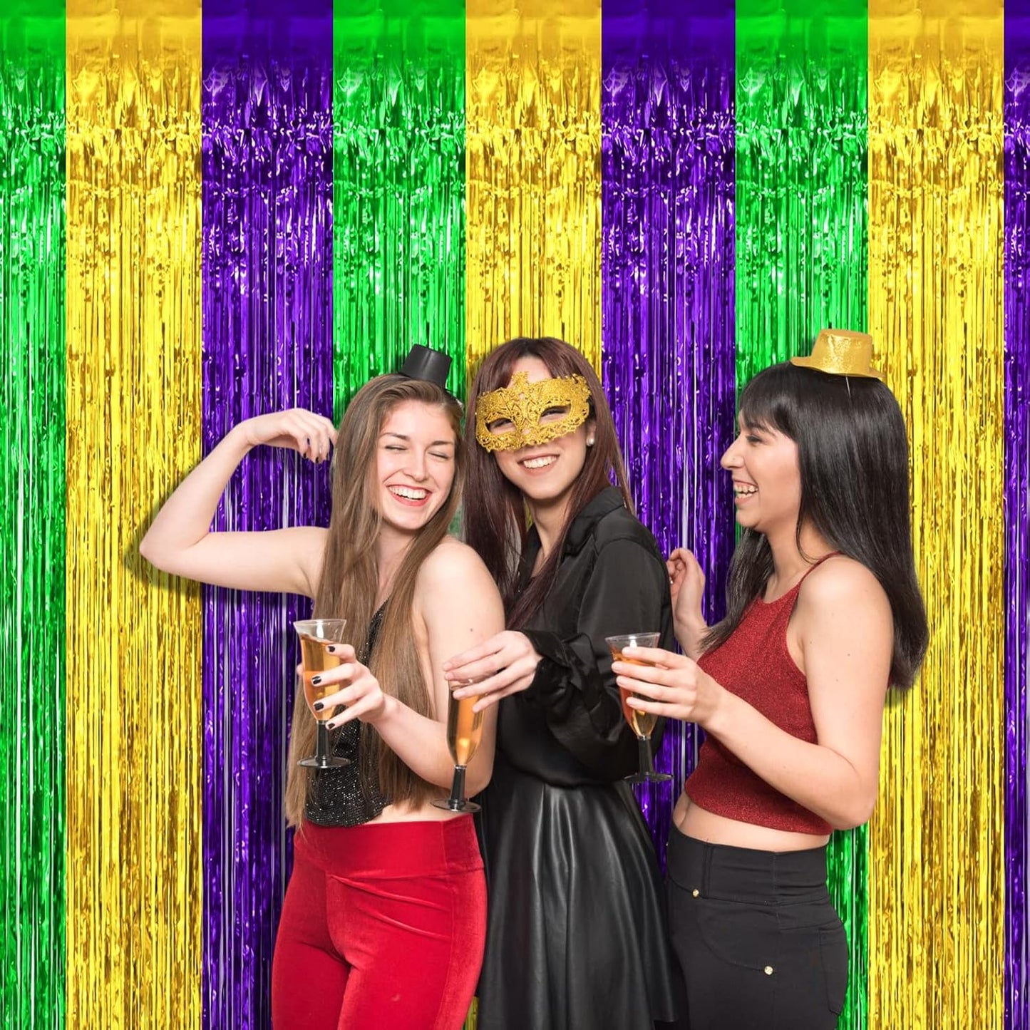 4 Pack 3.2Ft x 6.6Ft Mardi Gras Foil Fringe Curtain Backdrop, Gold Green Purple Metallic Tinsel Foil Fringe Streamers Curtains Background for Photo Booth, Birthday, Wedding, Carnival Party Decoration