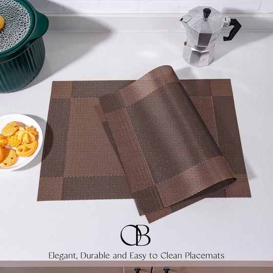Placemats Set of 8 - Easy Clean Woven Vinyl Placemats for Dining Table, Indoor/Outdoor Place Mats, Washable PVC Table Mats(Brown Cube)