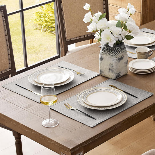 Romanstile Cloth Placemats Set of 4-12 x 18 Inch, Heat Resistant Double Layered Thickened Burlap Place Mats, Washable Linen Farmhouse Table Mats for Kitchen/Dining/Party/Outdoor, Light Grey