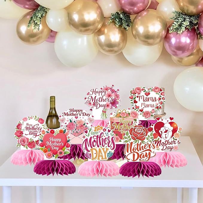 9 PCS Happy Mother's Day Honeycomb Centerpieces Love Heart Best Mom Table Centerpiece Love Mother Table Decorations for Women Mama Birthday Happy Mother's Day Party Centerpieces Decorations Supplies