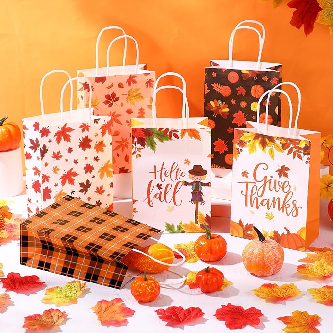 Resholder 30 Pcs Thanksgiving Paper Gift Bags with Handles Fall Pumpkins Maple Leaves Treat Bags Autumn Harvest Candy Goodie Bag for Fall Thanksgiving Party Favors Supplies