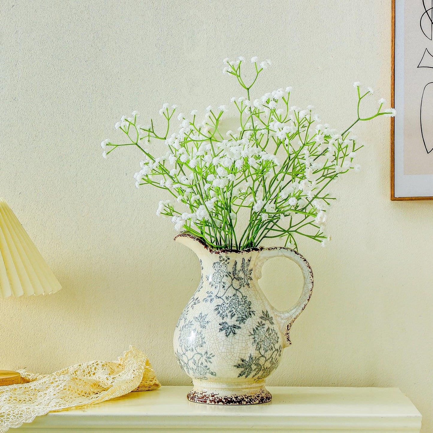 Enra Large Vintage Blue and White and Pitcher for Home Decor, 9.7 Inch Rustic Chinoiserie Decorative Vases, Green and Beige Ceramic Vases for Living Room, Kitchen, Office – Large Vases for Decor