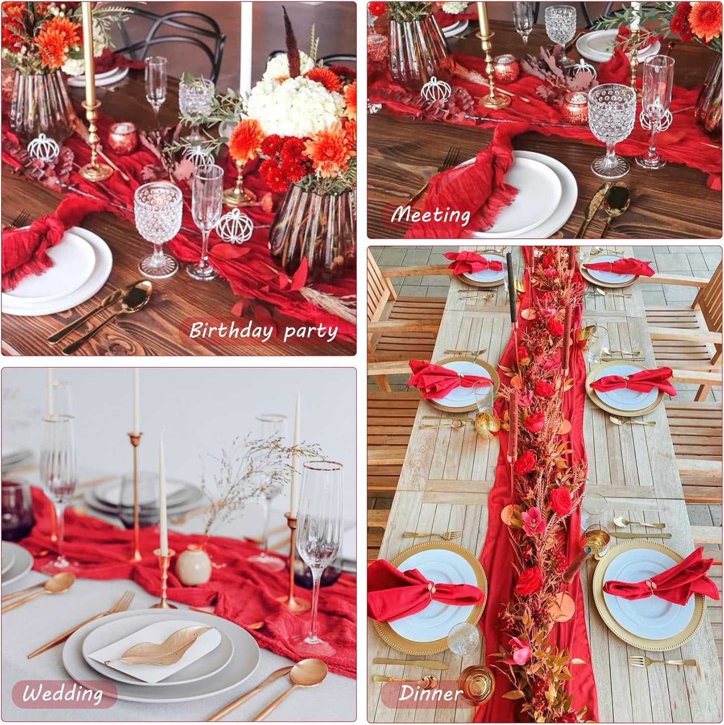 12 Pack 10Ft Cheesecloth Table Runner 35x120 Inch Boho Gauze Table Runner Rustic Cheese Cloth Long Romantic Table Runners for Wedding Bridal Shower Birthday Party Table Decor (Red)