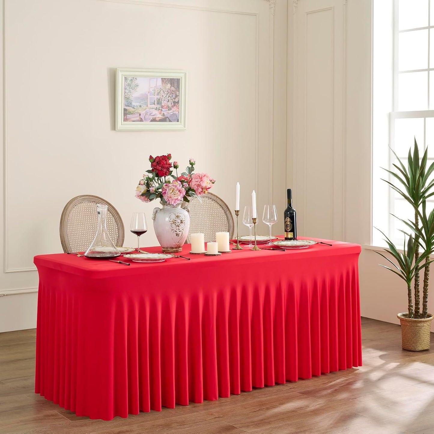 Outpain 8ft Spandex Table Cloth for Standard Folding Tables-4Pack Red Table Cloth Table Protector for Party, Wedding, Cocktail, Banquet, Festival
