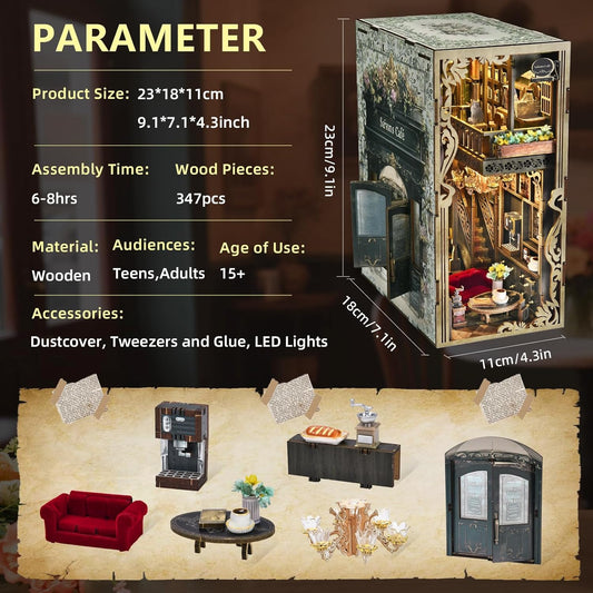 Book Nook Kit, DIY Miniature Dollhouse Kit 3D Puzzles for Adults Tiny House Mini Home Craft Bookshelf Nook Puzzle Book Decor Gifts for Teenagers Book Lovers (Saisons Café)