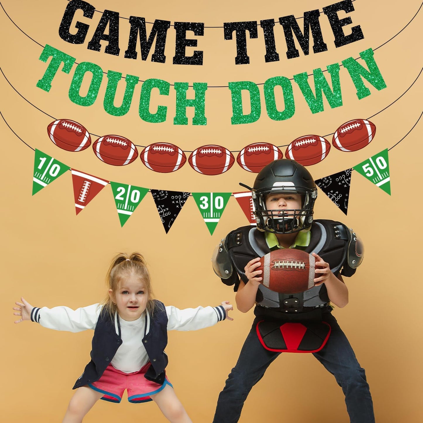 Game Time Touch Down Football Banner - Pre-Strung 9.8ft Strands Football Party Decorations for Birthday Parties