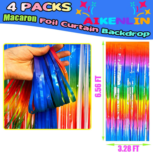4 Pack 3.3Ft x 6.6Ft Rainbow Foil Fringe Curtain Backdrop, Colorful Metallic Tinsel Foil Fringe Streamers Curtains Background for Photo Booth, Birthday, Wedding, Halloween, Christmas Party Decoration