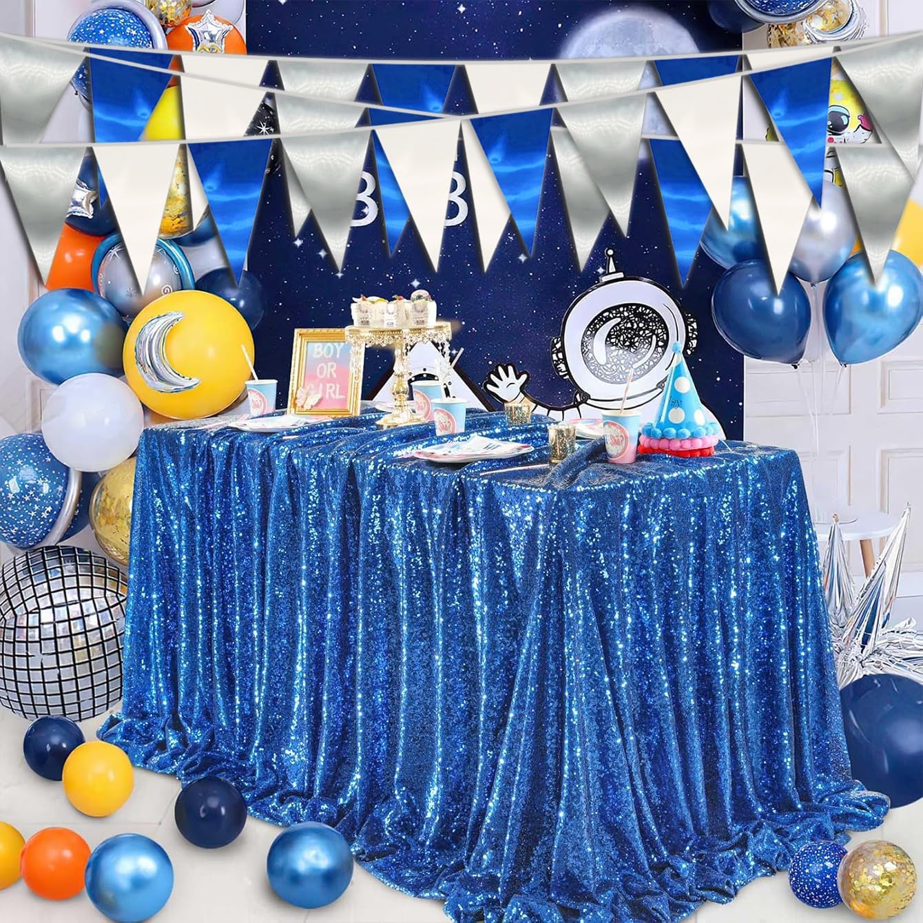 130FT Navy Blue White Silver Triangle Pennant Banner Flag Metallic Fabric Bunting Garland for Christmas Graduation Birthday Wedding Bridal Shower Nautical Ahoy Achor Theme Party Decorations Supplies