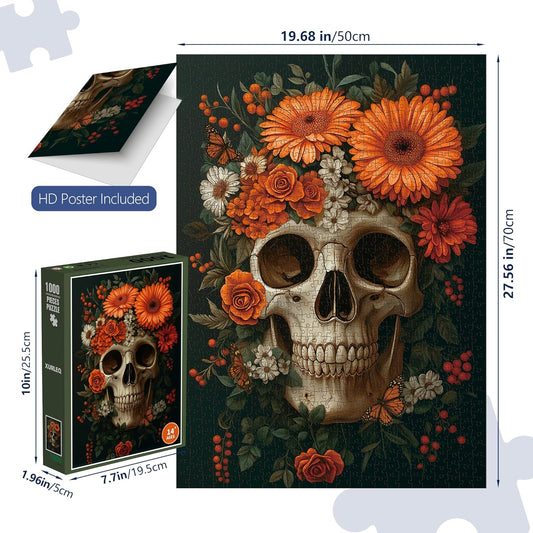 Vintage Skeleton’s Floral 1000-Piece Jigsaw Puzzle for Adults –Challenging Dark Halloween Skeleton Art, Premium Matte Finish, 27.56 x 19.68 Inches, Perfect for Game Nights