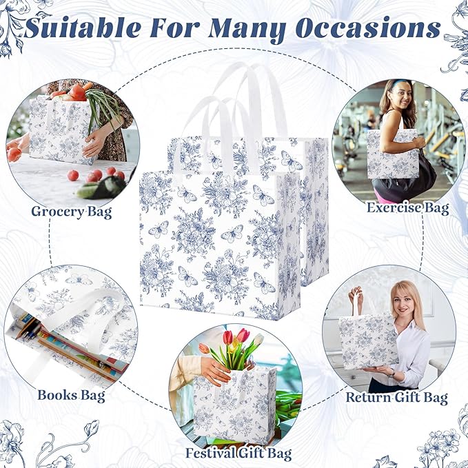 Abbylike 30 Pack Blue Floral Reusable Gift Bag Bulk Large Floral Print Shopping Bag Blue White Tote Non Woven Tote for Wedding Birthday Family Holiday Travel, 12.2 x 11.02 x 4.72 Inches