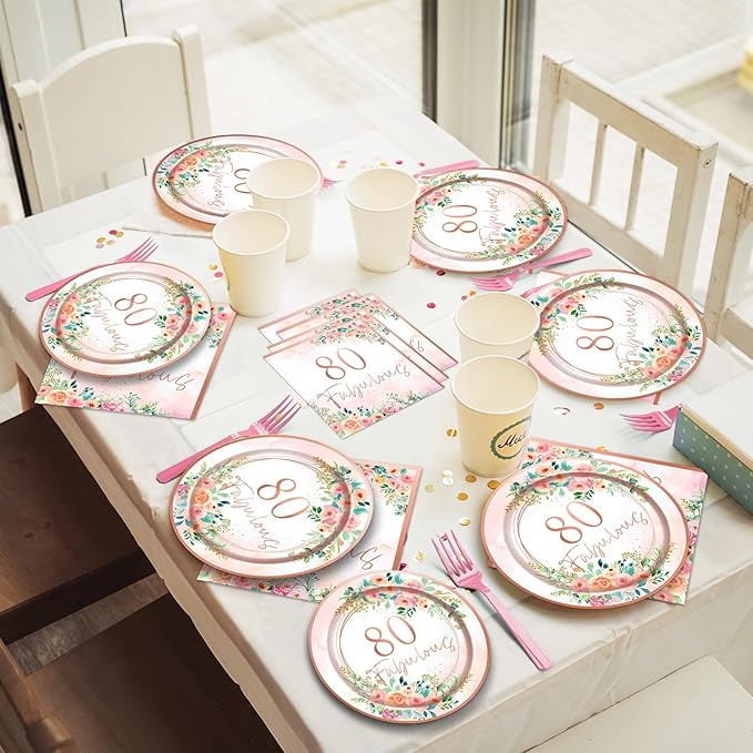 OBUSATT 96Pcs Floral 80 Fabulous Party Supplies 80th Birthday Paper Plates Napkins Rose Gold Party Decorations 80 Years Dinnerware Party Favor Women 80th Tableware Serves 24