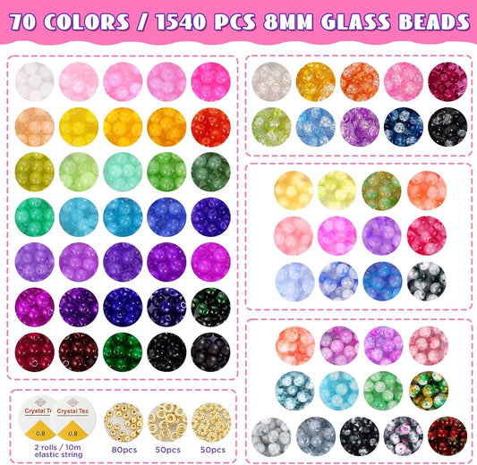 8mm Glass Beads Bracelet Making Kit, 1540pcs 70 Colors Crystal Beads for Jewelry Making, Funtopia Round Glass Beads for Bracelets and DIY Crafts, Solid and Crackle Colors