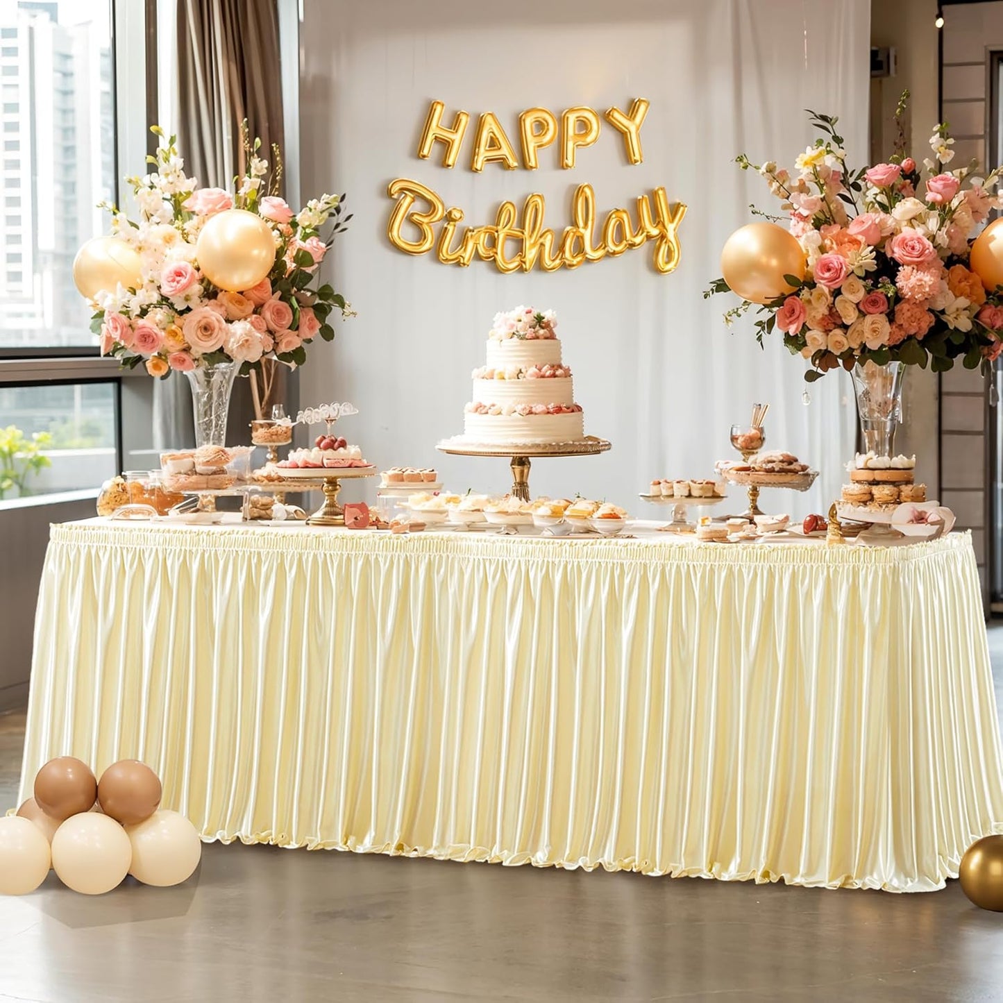 Wish Care 17ft Length Champagne Satin Table Skirt for Rectangle Tables Wrinkle Free Glitter Desk Skirts Pleated Ruffle Table Cloth for Wedding Birthday Bridal Shower Party Table Skirting Decorations