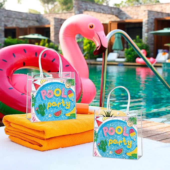 Aliceset 20 Pcs Pool Party Clear Favor Bags with Handles Swimming Themed Waterproof Goodie Bags for Pool Swimming Summer Party Birthday Baby Shower Supplies, 8 x 8 x 3. 15 Inch