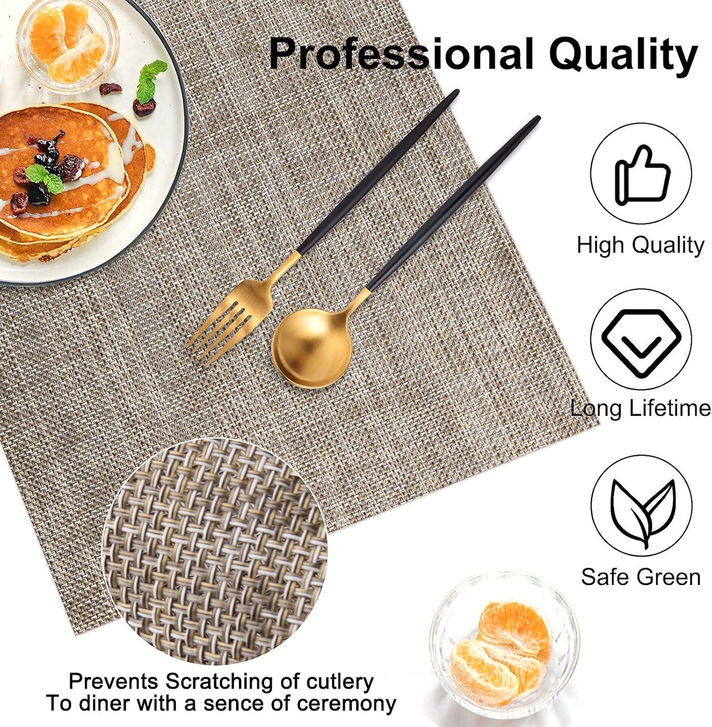 Vinyl Placemats Set of 8, PVC Woven Washable Non-Slip Table Mats, Heat Resistant Wrinkle Free Place Mats for Dining Table, Easy to Clean (8, Cappuccino)
