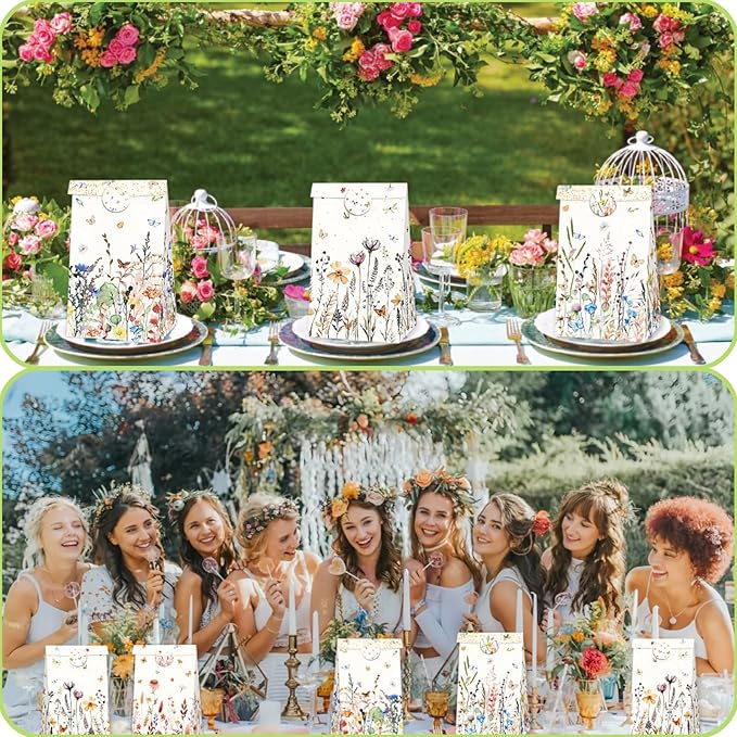 Inshinern Wildflower Party Favor Gift Bags Small Spring Floral Party Bags with Sticker Boho Theme Candy Goodie Bag for One Birthday Baby Shower Woodland Picnic Garden Tea Party Supplies (12Pcs)