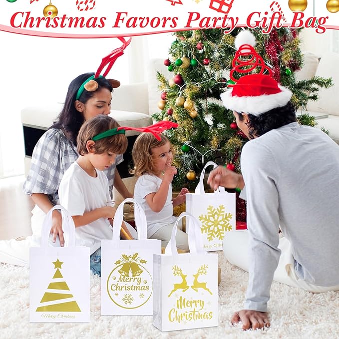 Wesnoy 24 Pcs Christmas Gift Bags Bulk 10 x 8 x 4 Inch Christmas White Gold Non Woven Party Favors Goodies Candy Bags with Handles for Holiday Gift Birthday Party Supplies