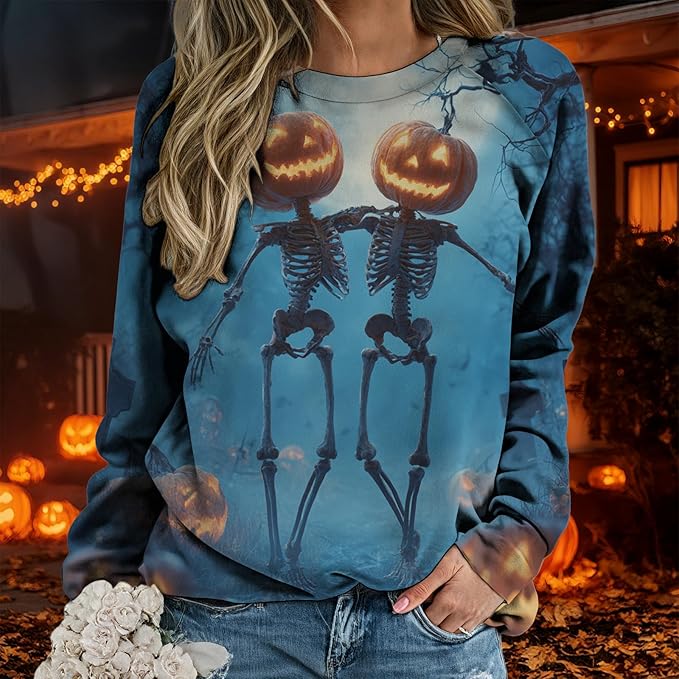Sweatshirts for Women Graphic Print Casual Pullover Tops Long Sleeve Crewneck Halloween T Shirts