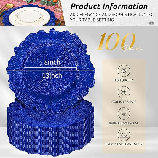 Pesonlook 100Pcs Royal Blue Charger Plates Round 13inch, Reef Plate Chargers for Dinner, Bulk Plastic Floral Table Charger Plates for Dinner Wedding Party Event Table Setting Decoration(Royal Blue)