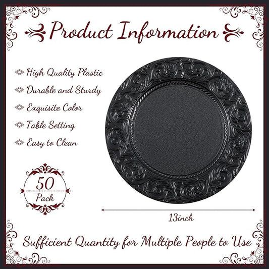 Uiifan 50 Pcs Antique Charger Plates Bulk 13'' Plastic Plate Chargers Decorative Embossed Rim Round Plates for Wedding Party Event Dinner Kitchen Table Setting Decoration (Black)