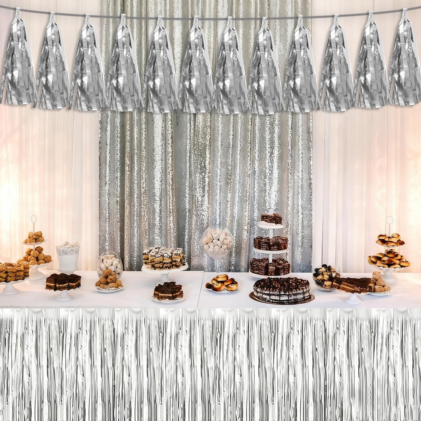 4P Silver Tassel Banner Garland Metallic Foil Fringe Banner Tinsel Tassels Streamer Banner Backdrop for Parade Floats, 2025 Graduation Decorations, Christmas, Wedding Party Decoration