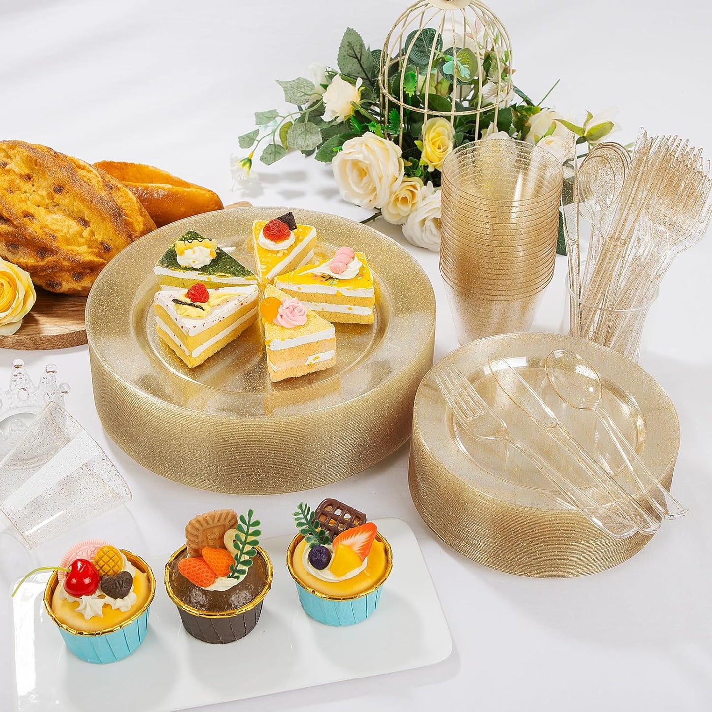 WELLIFE 600 PCS Gold Glitter Disposable Dinnerware Set for 100 Guests, Plastic Plates for Party, Including 100 Dinner Plates, 100 Salad Plates,Cups,Silverware Set for Wedding and Party Supplies