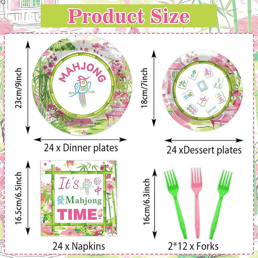 OBUSATT 96Pcs Mahjong Party Supplies Mahjong Paper Plates Napkins and Forks Mah jong Birthday Party Decorations Green and Pink Dinnerware for Home Special Events Game Night Tableware Serves 24