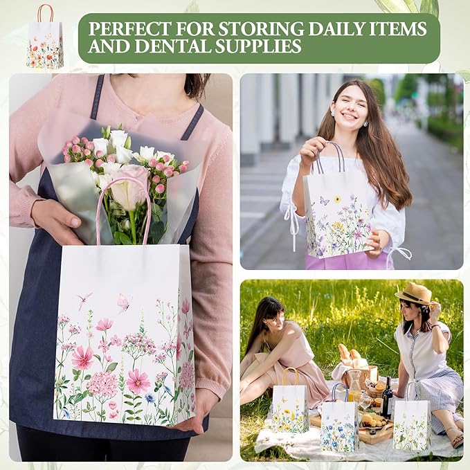 Gaillty 24 Pcs Wildflower Paper Gift Bags 6 Styles, Floral Goodie Bags with Handles Flower Wedding Welcome Bag for Wedding Bridal Shower Engagement Baby Shower Birthday Spring Tea Party Supplies