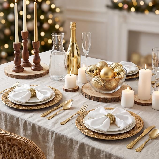 12 Pcs Antique Gold Charger Plates Bulk 13 Inch Embossed Rim Plastic Round Decorative Plates Charger for Dinner Wedding Party Event Table Setting Decoration (Wave-and-floral Frame)