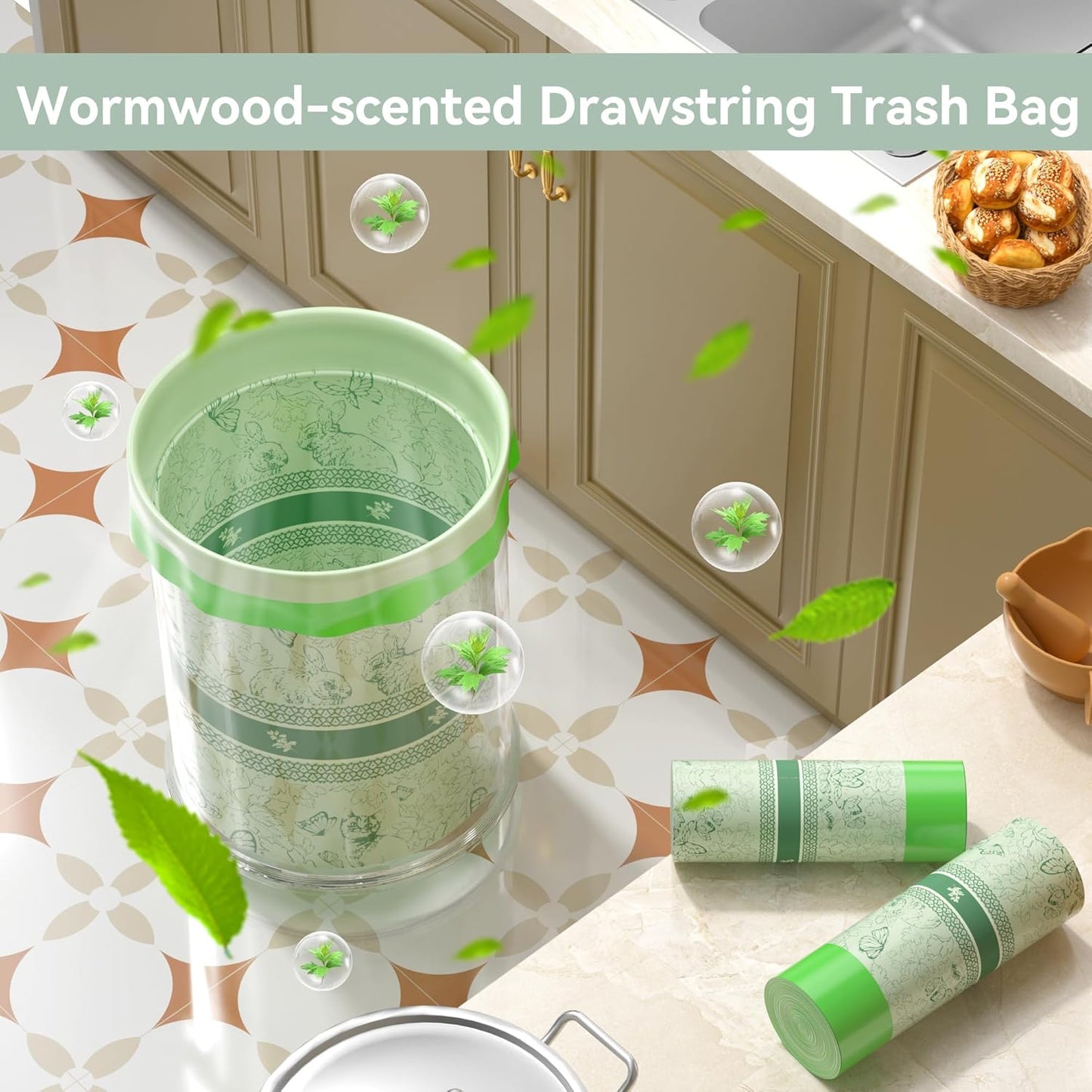 4 Gallon Drawstring Trash Bag 217 Count Mugwort Scented Bathroom Garbage Bags Small Single Sided Print Trash Can Liner for Bathroom, Bedroom, Office