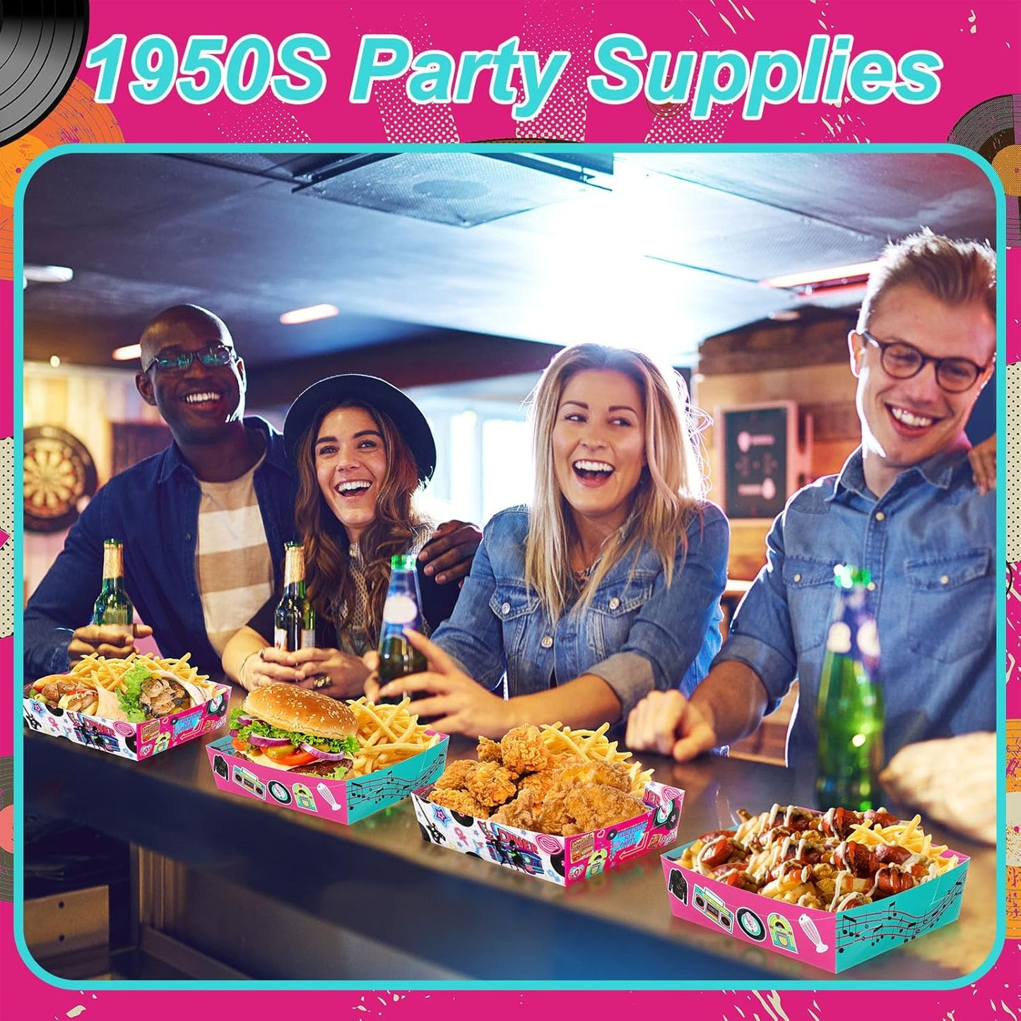 Layhit 48 Pcs 1950s Party Supplies 5 lb Food Boats Large Paper Serving Trays Burger Fries Hot Dog Taco BBQ Popcorn for Rocking Music Sock Hop Birthday 1950s Theme Party
