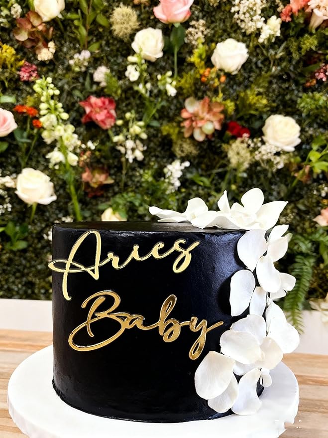 Gold Cake Topper with Aries Zodiac Sign,Acrylic Baby Text Decoration Aries Season/12 Zodiac Constellation Theme Birthday Zodiac Cake Decor,March/April Birthday Cake Decorations for Girl/Boy