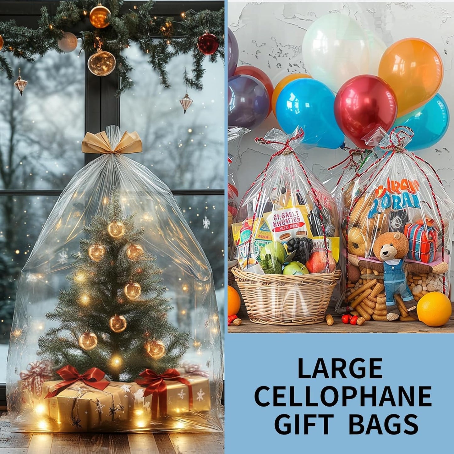 6PCS Large Cellophane Bags 30x40 Inch Cellophane Wrap Clear Gift Bags for Christmas Gift Baskets Baby Shower Halloween Candy 2.5 Mil Thick Wedding Beach Party favor Birthday
