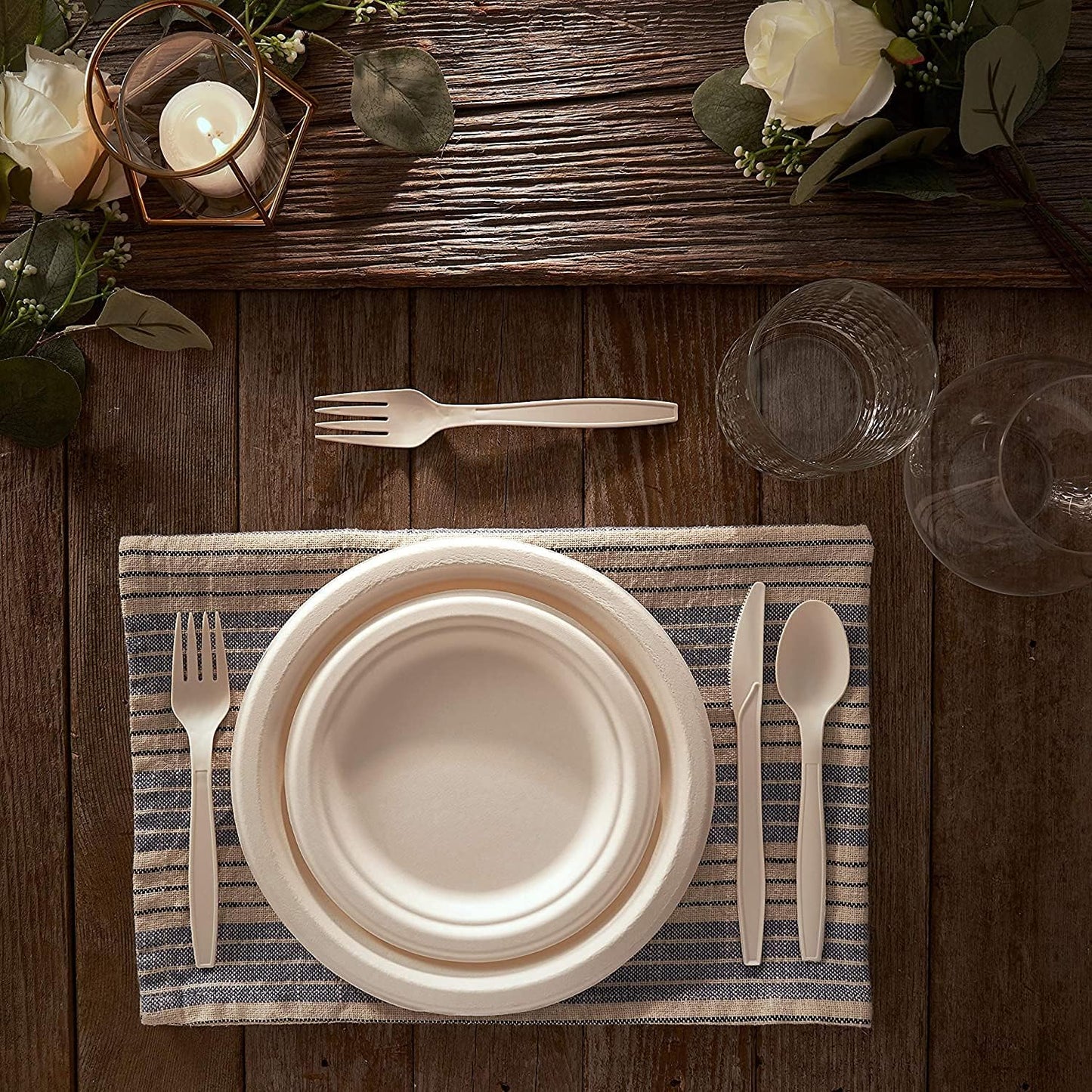 300 Piece (50 Sets) Biodegradable Paper Plates Set (EXTRA LONG UTENSILS), Disposable Dinnerware Set, Eco Friendly Compostable Plates & Utensil include Plates, Cups, Forks, Knives and Spoons