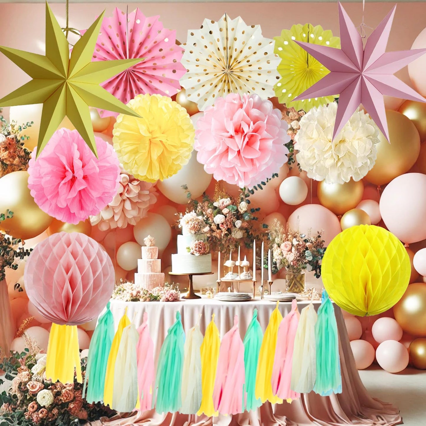 Pink Yellow Party Decorations, Pink Yellow Birthday Decoration,15PCS Pink Decorations for Women Men Girl Boy,Hanging Backdrop Decor for Bear Birthday,Wedding,Winne Baby Shower,Bridal,Garden Party