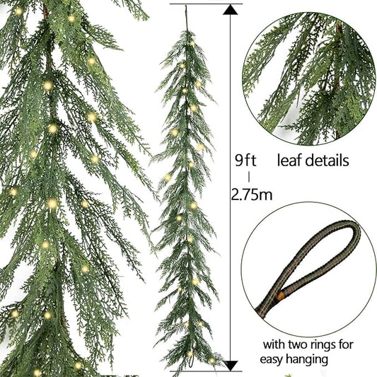 9ft Handmade Christmas Garland with LED String Lights,Cedar Artificial Greenery,Seasonal Garland for Fireplace Winter Holiday Indoor Outdoor Decoration