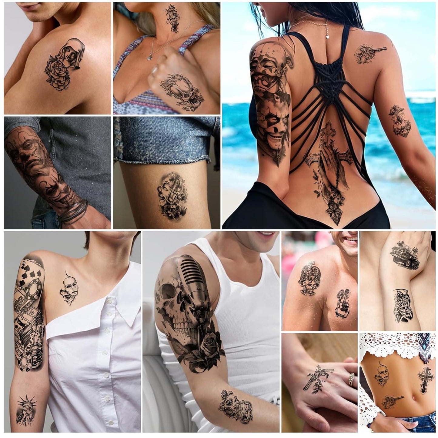 Yazhiji Waterproof Temporary Tattoos For Adult, Chicano Large Fake Tattoo Guadalupe Gangster Prisoner Day of the Dead, Lowrider Style Culture Mexico Clown 77 sheets Tattoo Stickers for Men Women