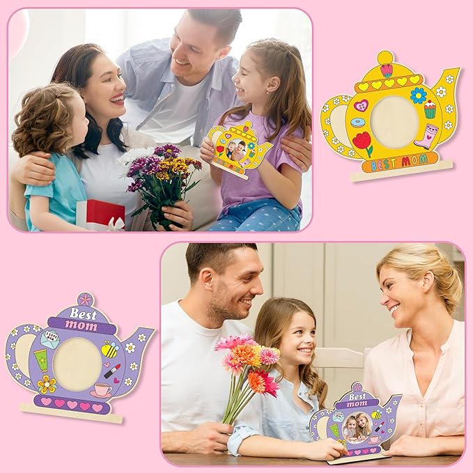 Haooryx Wooden Picture Photo Frame - 12 Pcs Mother's Day Color Your Own DIY Tea Pot Mom Uncolored Wooden Display Pictures Photo Frames Collage Set Wall Hanging Wall Tabletop Mounting Tabletop Display