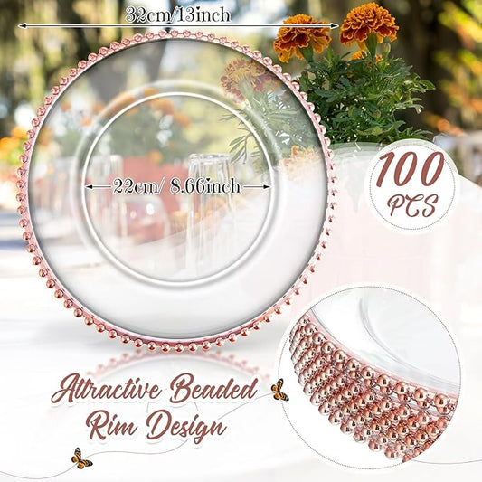 Hoolerry 100 Pcs Charger Clear Plates Bulk 13 Inch Plastic Round Dinner Plate with Beaded Rim Acrylic Round Plate Decorative Charger Service for Home Wedding Xmas Party Events Table Decor (Rose Gold)