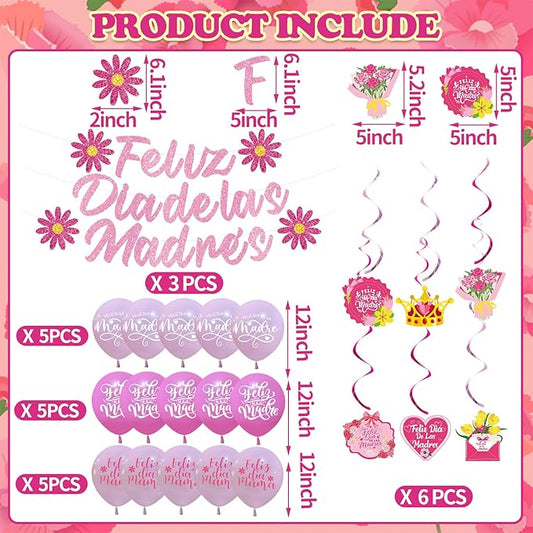 Feliz Día de las Madres Decorations Kit - Feliz Día de las Madres Banner,6 Hanging Swirl Banners, 15 Printed Latex Balloons and Cake Topper for Mexican Mother's Day Party