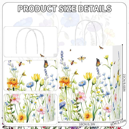 HongXingHai Wildflower Party Favor Bags 16Pack - Heavy-Duty Paper Gift Bags with Handles for Spring Garden Weddings, Bridal Showers, Birthday Tea Decorations