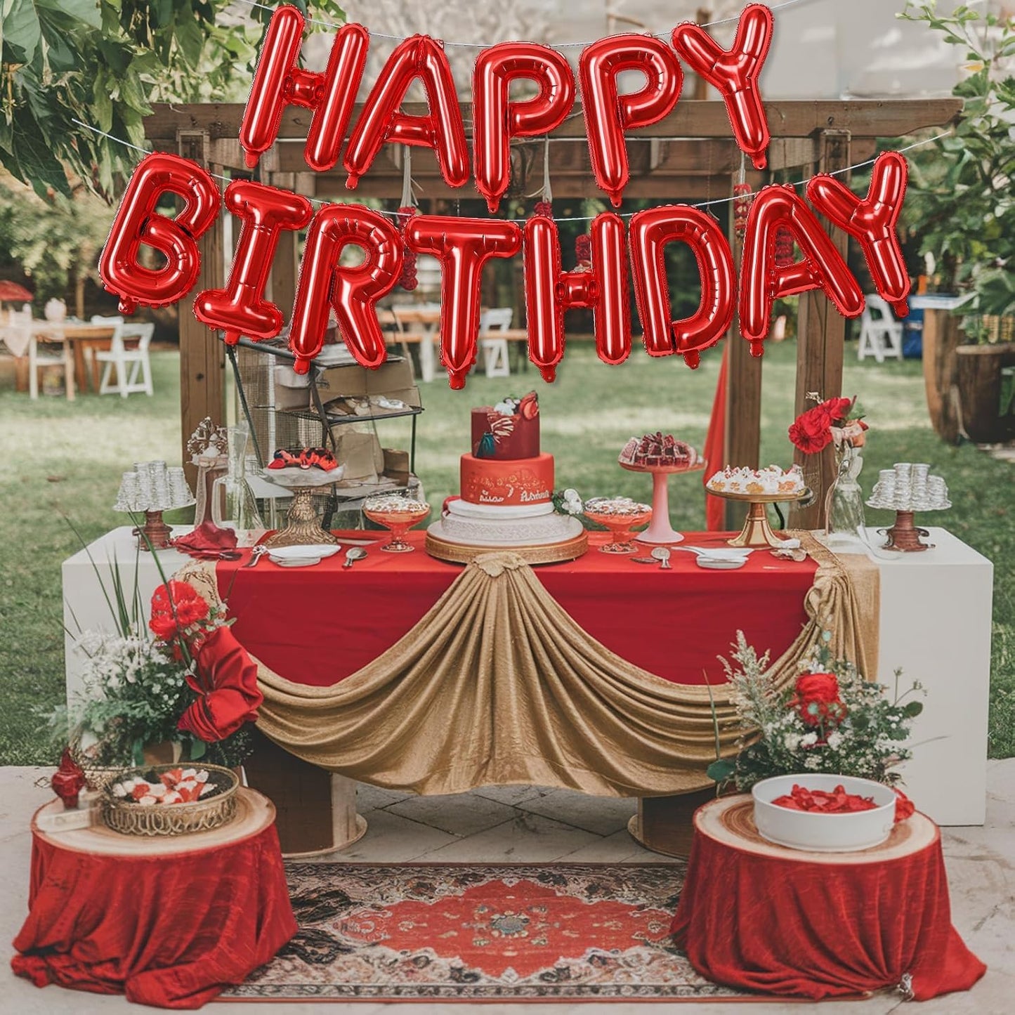 Red Happy Birthday Balloons Letters, 16 Inch Reusable Banner, Self Inflating Foil Bunting for Women Men Boys Girls Party Decorations Supplies