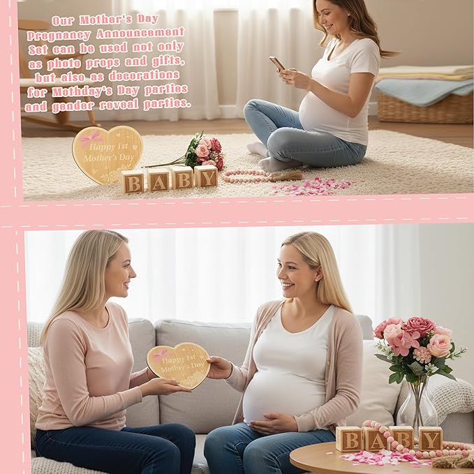 Mother's Day Pregnancy Announcement Set - 8Pcs Coming Soon Baby Announcements Ideas Include Wooden Sign Flower Beads Garland New Mom Pregnancy Reveal Photo Props for Grandparents Dad Husband Family