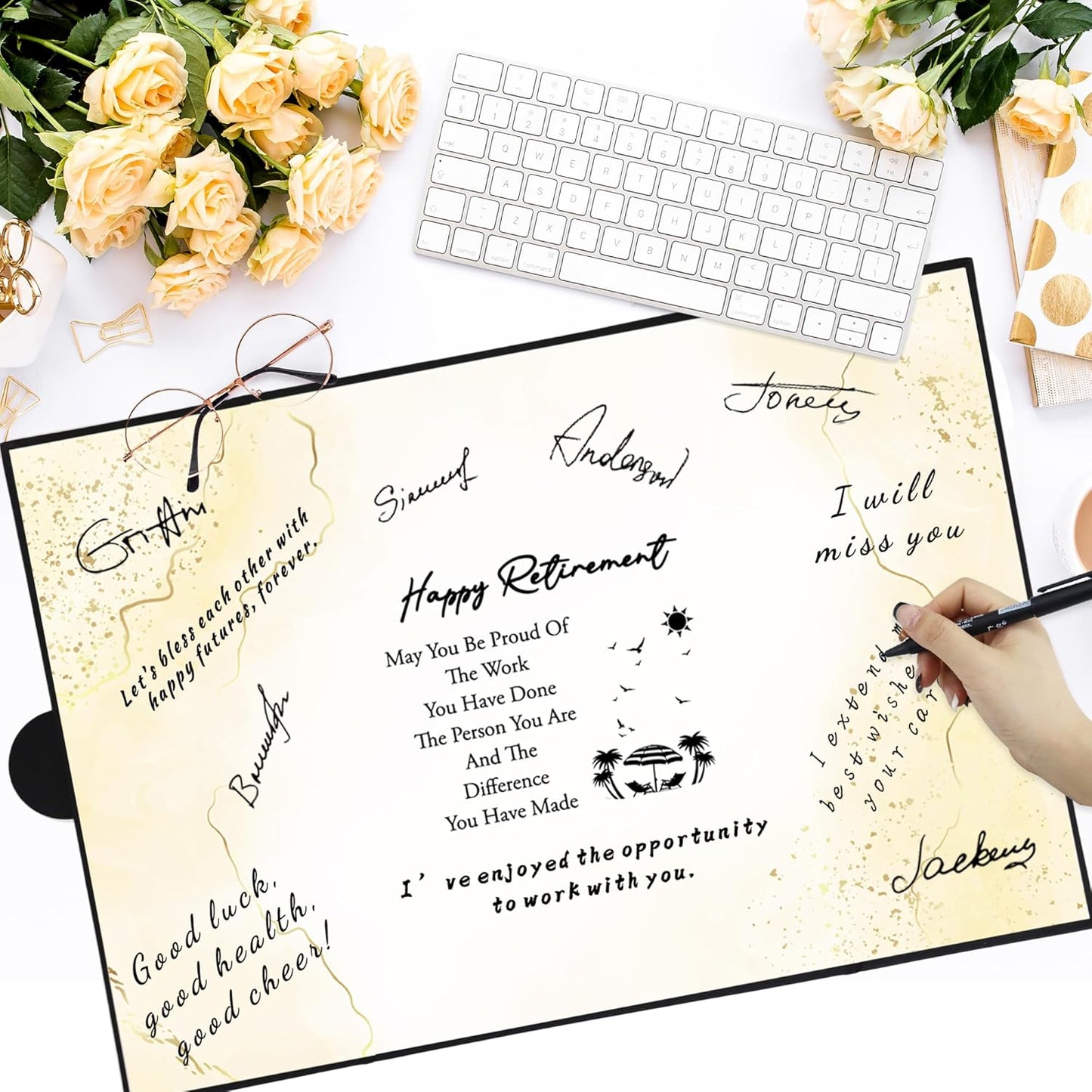 Holkcog Black Gold Retirement Party Decorations,Black Gold Giant Happy Retirement Guestbook Fun Beach Themed Retirement Party Signature Book,Best Retirement Gifts for Women Men, Retire Signing Boards