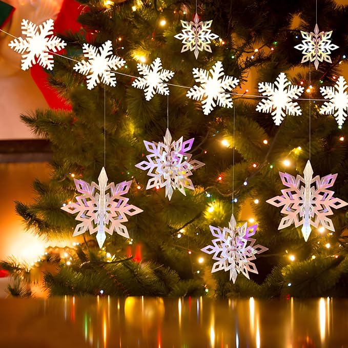 24 PCS Snowflake Christmas Hanging Party Decor Supplies,12 PCS 3D Glittery Snowflakes &12PCS 3D White Paper Snowflakes Hanging Garland for Christmas Winter Holiday New Year Wonderland Party Decoration