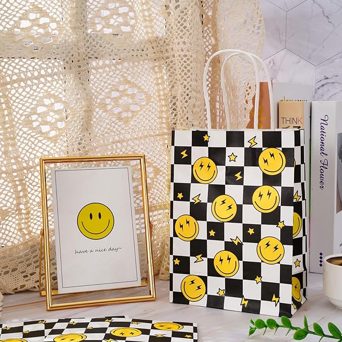 JarThenaAMCS 24Pcs One Happy Dude Party Favor Bags Smile Face Lightning Paper Gift Bag with Handles Checkered Goodie Treat Bags for Baby Shower Birthday Party Supplies