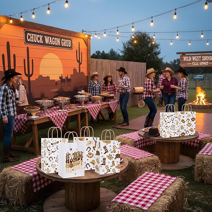 Gaillty 24 Pcs Western Cowboy Paper Bags Boot Hat Brown Cowboy Gift Bags Wild West Goodie Candy Treat Bag with Handles for Birthday Baby Shower Bachelorette Party Supplies Western Party Decorations