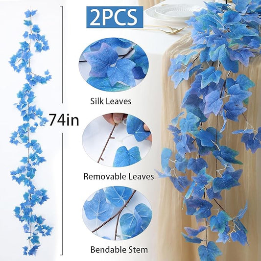mizii 2 Strands Artificial Vines Blue Ivy Garland 74" Fake Vine with Silk Leaves Faux Hanging Plants Greenery Decoration for Outdoors Wedding Party Indoor Bedroom Home Wall Room Decor (Blue)